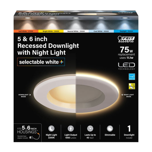 5 - 6 in. 11.1W (75W Replacement) Selectable White LED Downlight with Night Light - Worldwide Electric Supplies