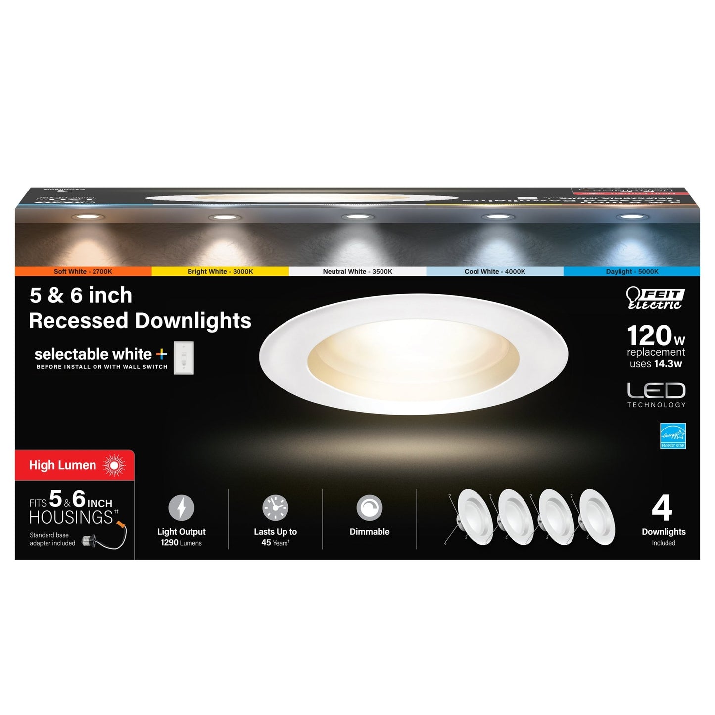 5 - 6 in. 14.3W (120W Replacement) Color Selectable (5CCT) High Output LED Recessed Downlight (4 - Pack) - Worldwide Electric Supplies