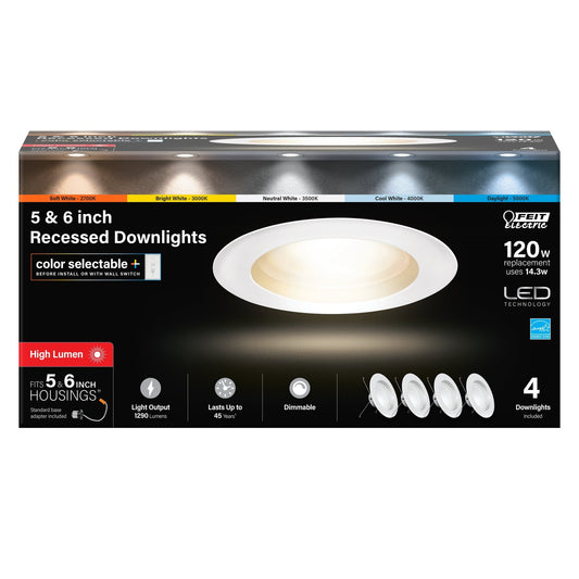 5 - 6 in. 14.3W (120W Replacement) Color Selectable (5CCT) High Output LED Recessed Downlight (4 - Pack) - Worldwide Electric Supplies