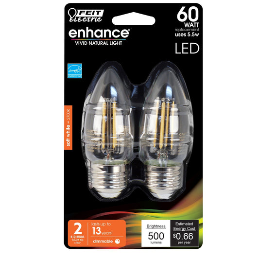 5.5W (60W Replacement) B10 Dimmable Soft White Decorative LED Filament Enhance (2 - Pack) - Worldwide Electric Supplies