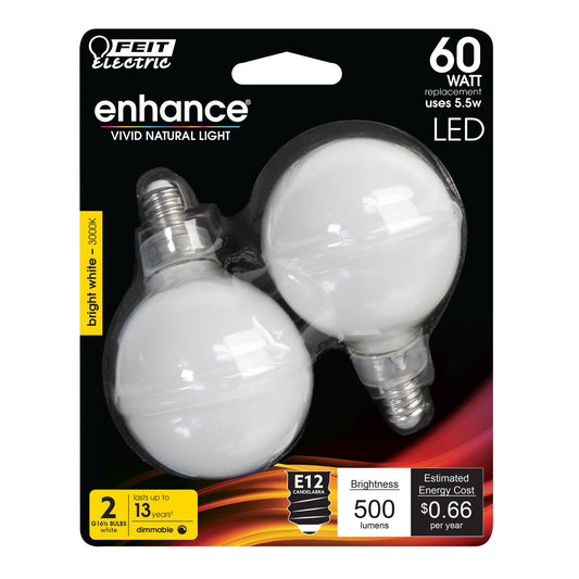 5.5W (60W Replacement) Bright White (3000K) G16 1/2 (E12 Base) Frost Filament LED Bulb (2 - Pack) - Worldwide Electric Supplies