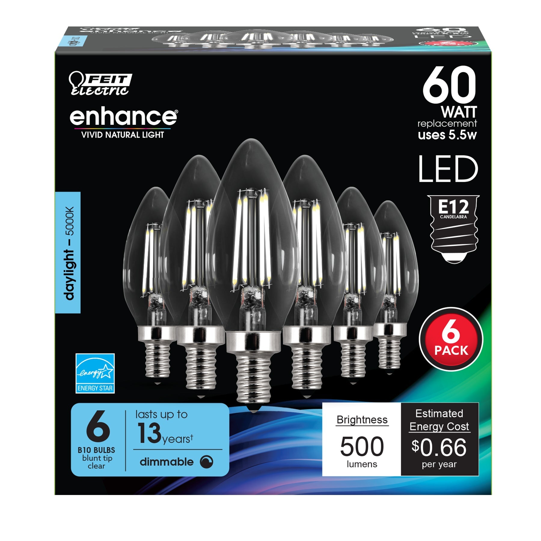 5.5W (60W Replacement) Clear B10 Dimmable Daylight Decorative LED Filament (6 - Pack) - Worldwide Electric Supplies