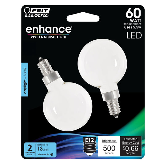 5.5W (60W Replacement) Daylight (5000K) E12 Base G16 1/2 Dimmable Enhance Glass Filament Globe LED Bulb (2 - Pack) - Worldwide Electric Supplies