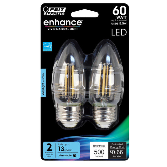 5.5W (60W Replacement) Daylight (5000K) E26 Base B10 Dimmable Decorative LED Filament Enhance (2 - Pack) - Worldwide Electric Supplies