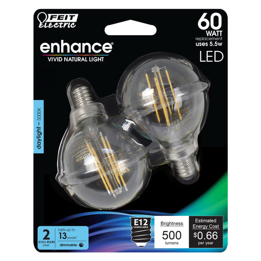 5.5W (60W Replacement) G16 1/2 Daylight Dimmable Enhance Glass Filament Globe LED (2 - Pack) - Worldwide Electric Supplies