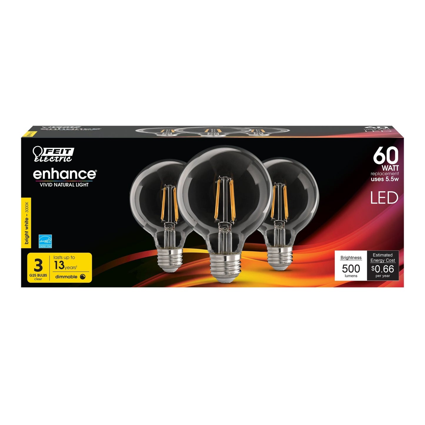5.5W (60W Replacement) G25 Bright White Dimmable Enhance Glass Filament Globe LED (3 - Pack) - Worldwide Electric Supplies