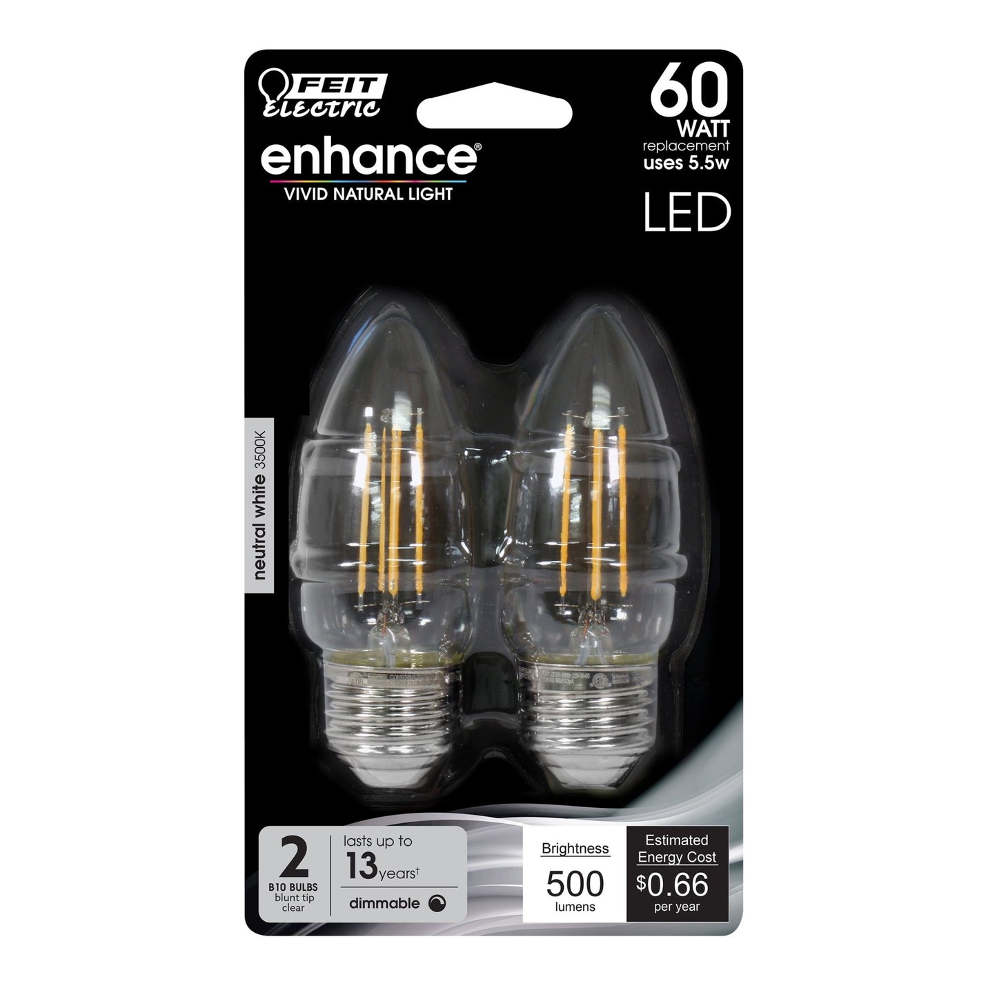5.5W (60W Replacement) Neutral White (3500K) Clear B10 Torpedo Tip Dimmable LED Enhance Glass Filament Light Bulb (2 - Pack) - Worldwide Electric Supplies