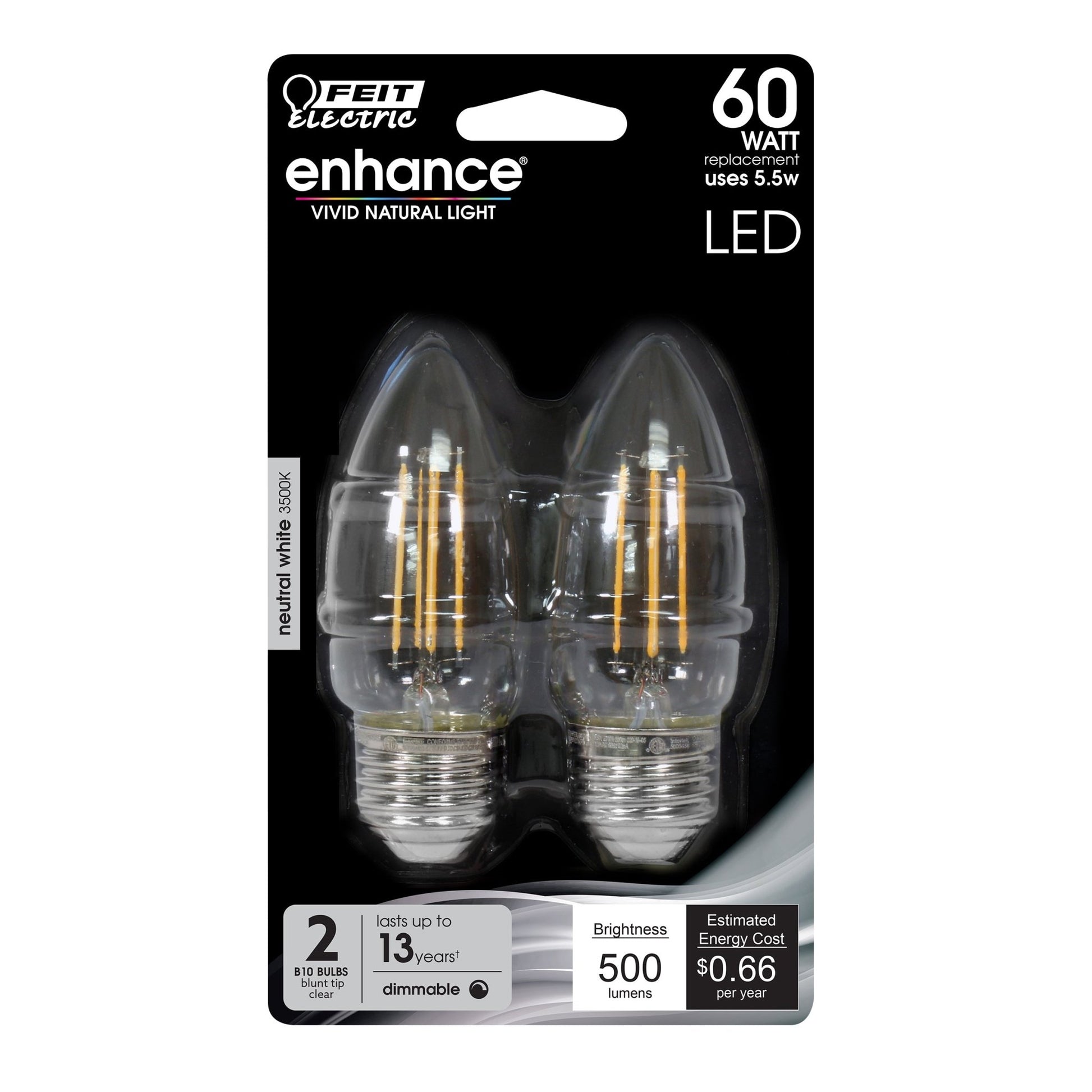 5.5W (60W Replacement) Neutral White (3500K) Clear B10 Torpedo Tip Dimmable LED Enhance Glass Filament Light Bulb (2 - Pack) - Worldwide Electric Supplies