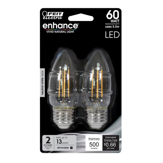 5.5W (60W Replacement) Neutral White (3500K) Clear B10 Torpedo Tip Dimmable LED Enhance Glass Filament Light Bulb (2 - Pack) - Worldwide Electric Supplies
