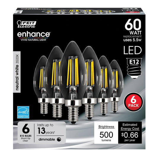 5.5W (60W Replacement) Neutral White (3500K) E12 Base B10 Dimmable Glass Filament LED (6 - Pack) - Worldwide Electric Supplies