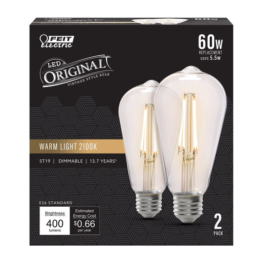 5.5W (60W Replacement) ST19 E26 Dimmable Straight Filament Clear Glass Vintage Edison LED Light Bulb, Warm Light - Worldwide Electric Supplies