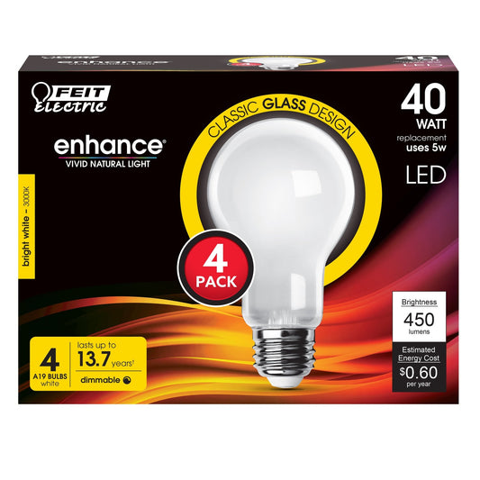 5W (40W Equivalent) Bright White (3000K) A19 (E26 Base) Enhance Dimmable Frosted Filament LED Light Bulb (4 - Pack) - Worldwide Electric Supplies