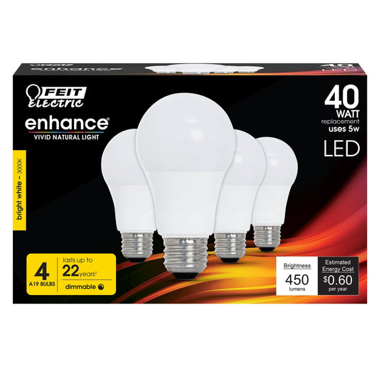5W (40W Replacement) Bright White (3000K) A19 Dimmable General Purpose LED (4 - Pack) - Worldwide Electric Supplies
