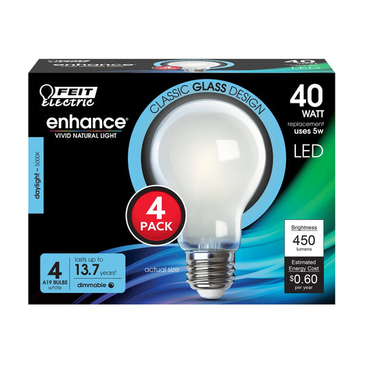 5W (40W Replacement) Daylight (5000K) A19 (E26 Base) Frosted White Enhance Dimmable Glass Filament General Purpose LED Light Bulb (4 - Pack) - Worldwide Electric Supplies