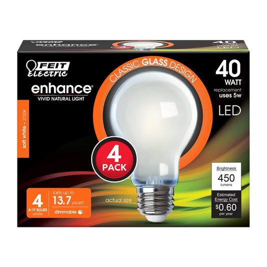 5W (40W Replacement) Soft White (2700K) A19 Medium E26 Base Enhance Dimmable Glass General Purpose LED Light Bulb (4 - Pack) - Worldwide Electric Supplies