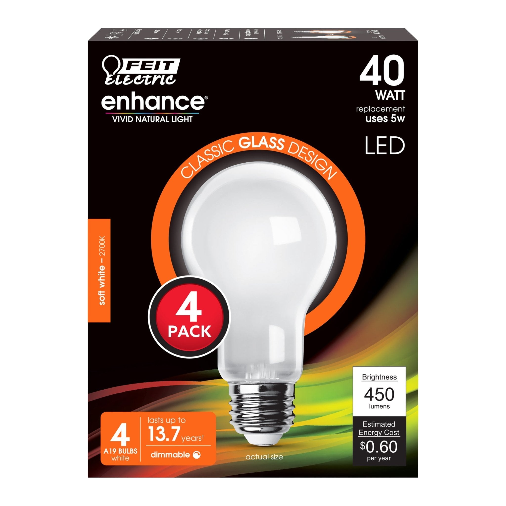 5W (40W Replacement) Soft White (2700K) A19 Medium E26 Base Enhance Dimmable Glass General Purpose LED Light Bulb (4 - Pack) - Worldwide Electric Supplies