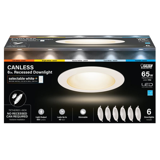 6 in. 65W Replacement Selectable White (5CCT) Tethered J - Box LED Downlight (6 - Pack) - Worldwide Electric Supplies