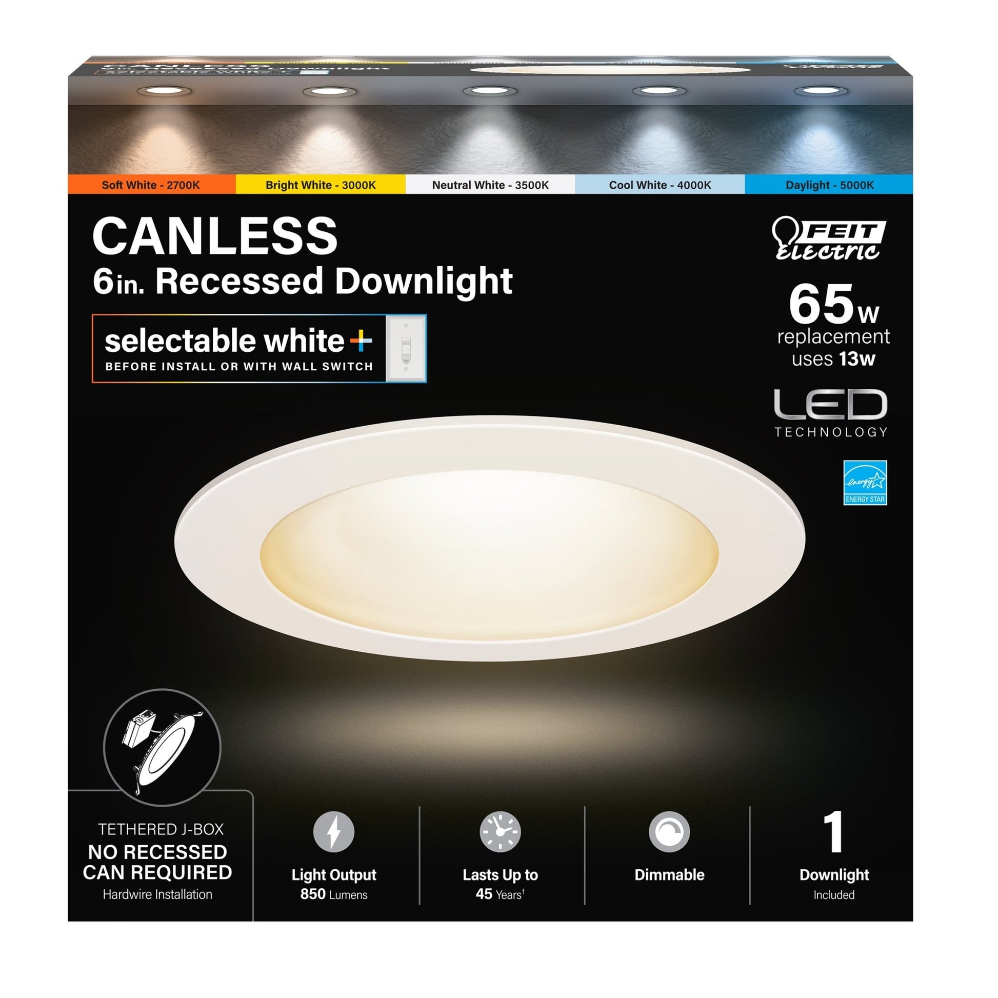 6 in. 65W Replacement Selectable White (5CCT) Tethered J - Box LED Downlight - Worldwide Electric Supplies