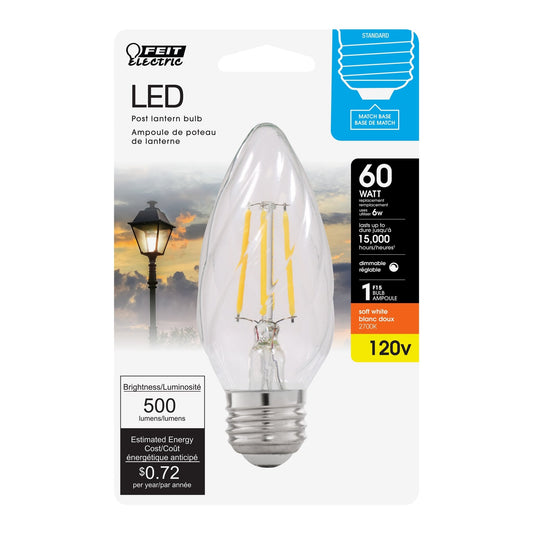 6W (60W Replacement) Soft White (2700K) E26 Base F15 Dimmable Clear LED Post Lantern Bulb - Worldwide Electric Supplies