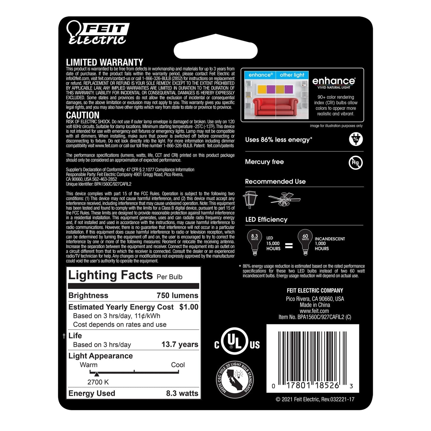 8.3W (60W Replacement) Soft White (2700K) A15 E12 Base Filament LED (2 - Pack) - Worldwide Electric Supplies