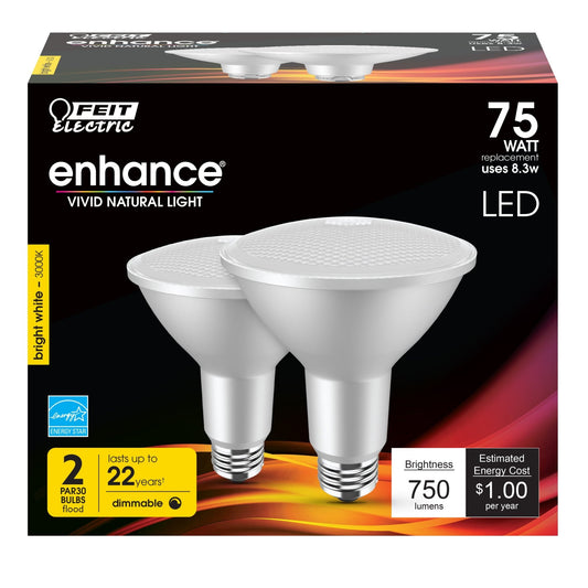 8.3W (75W Replacement) Bright White (3000K) E26 Base PAR30 Dimmable Enhance Reflector LED (2 - Pack) - Worldwide Electric Supplies