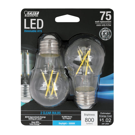 8.5W (75W Replacement) A15 Shape (E26 Base) Daylight (5000K) LED Filament Light Bulb (2 - Pack) - Worldwide Electric Supplies