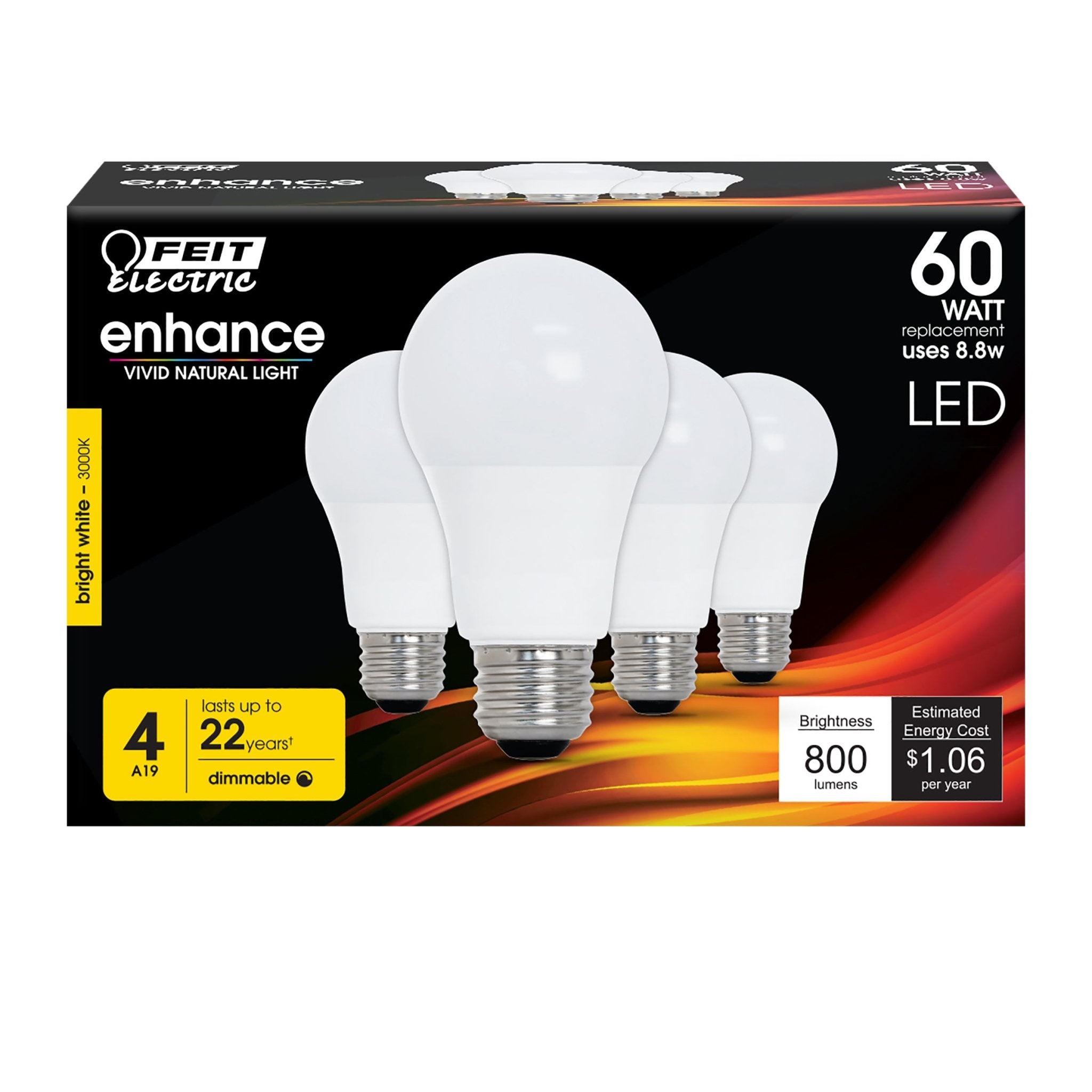 8.8W (60W Replacement) Bright White (3000K) E26 Base A19 Dimmable Enhance LED Light Bulb (4 - Pack) - Worldwide Electric Supplies