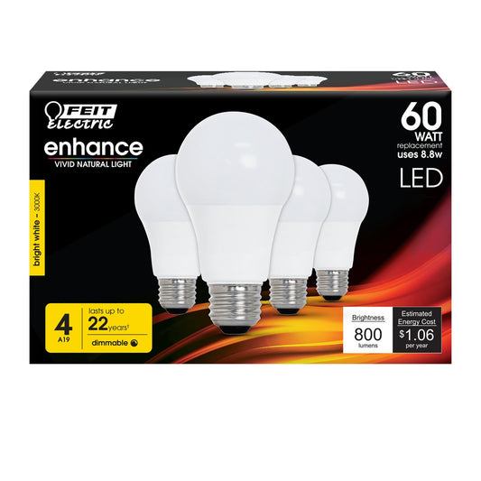 8.8W (60W Replacement) Bright White (3000K) E26 Base A19 Dimmable Enhance LED Light Bulb (4 - Pack) - Worldwide Electric Supplies