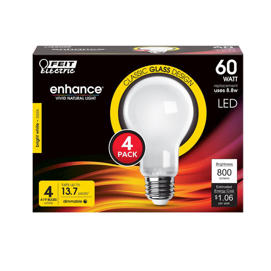 8.8W (60W Replacement) Bright White (3000K) E26 Base A19 Glass Filament Frosted Enhance LED Bulb (4 - Pack) - Worldwide Electric Supplies