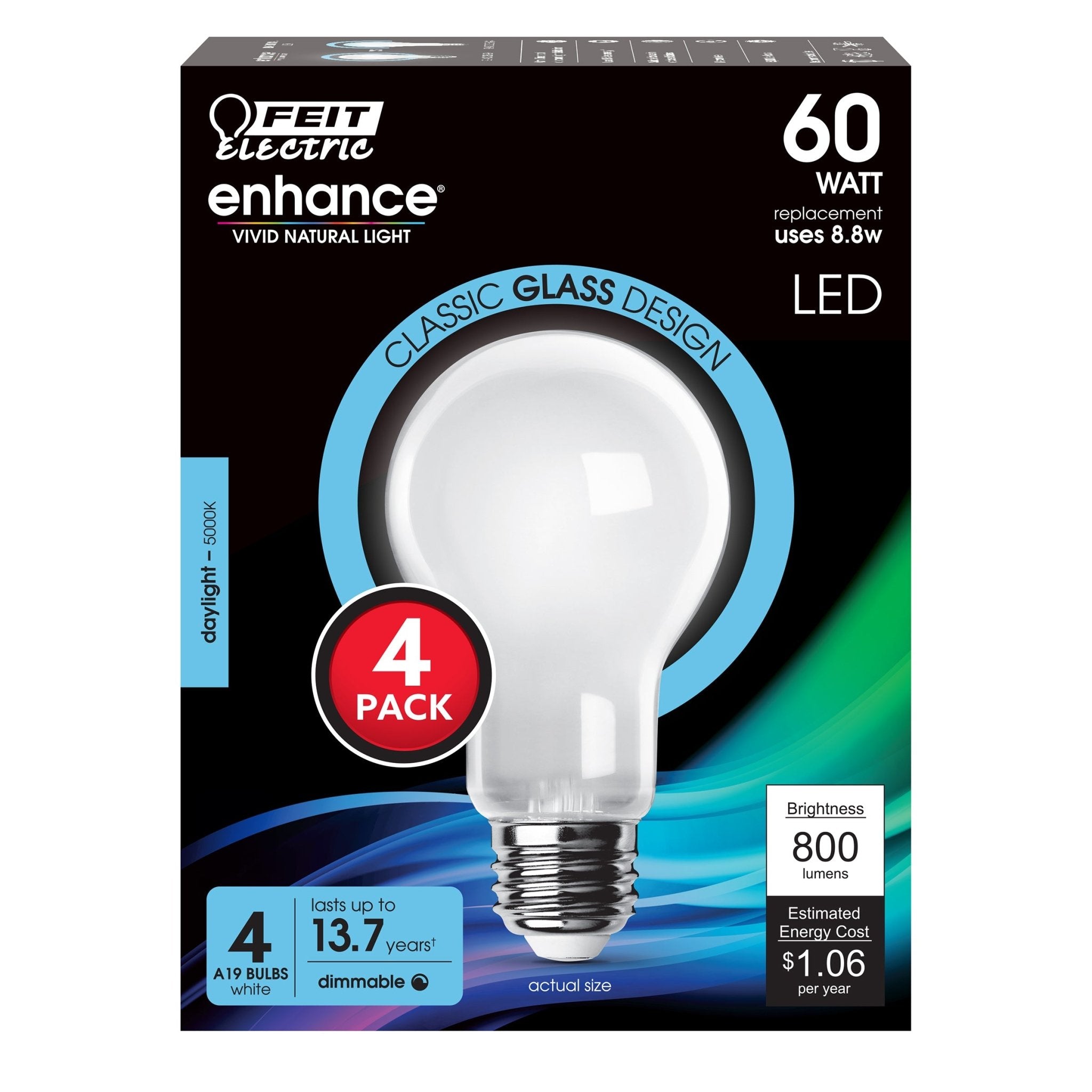 8.8W (60W Replacement) Daylight (5000K) A19 Dimmable Enhance Glass Filament General Purpose LED (4 - Pack) - Worldwide Electric Supplies