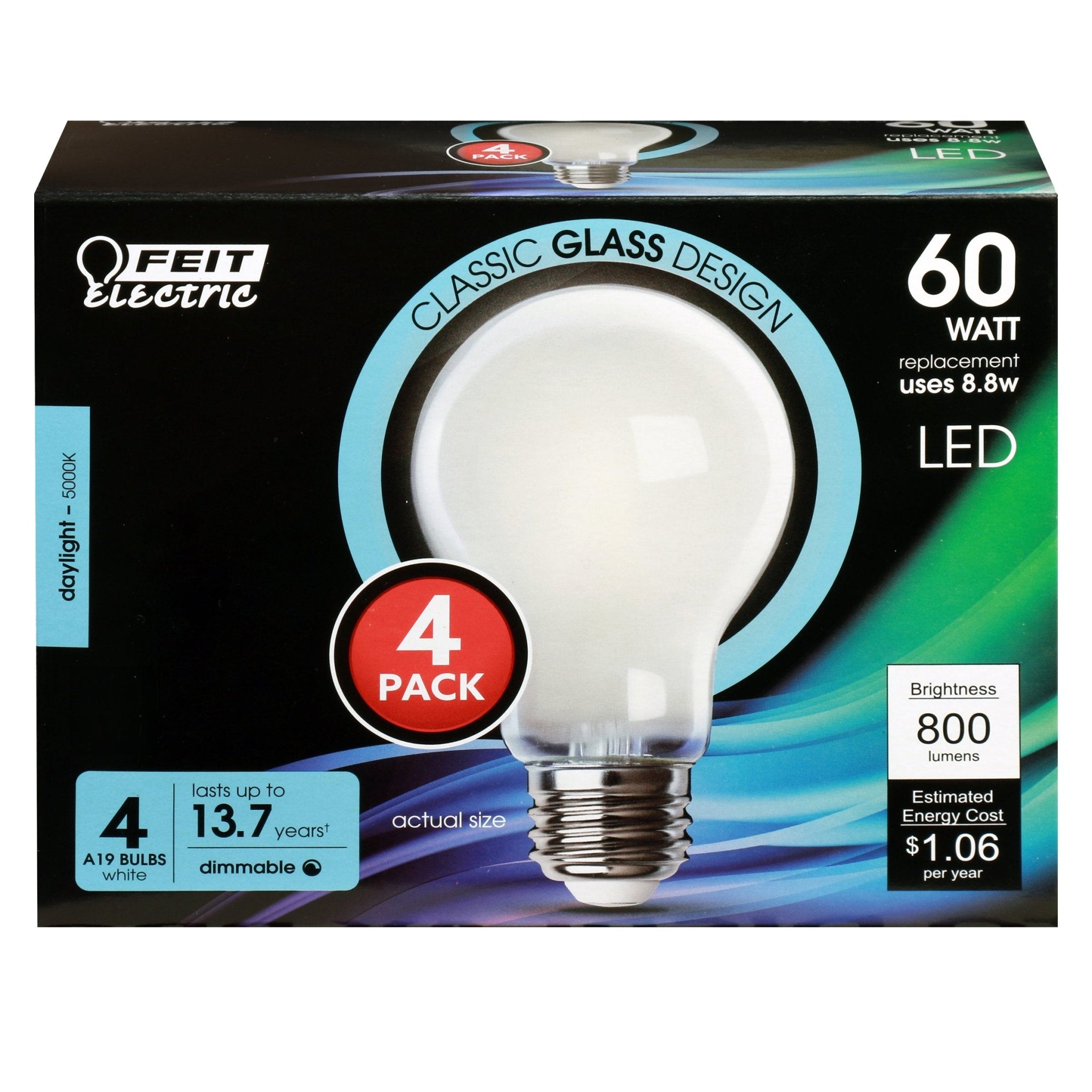 8.8W (60W Replacement) Daylight (5000K) A19 Dimmable Enhance Glass Filament General Purpose LED (4 - Pack) - Worldwide Electric Supplies