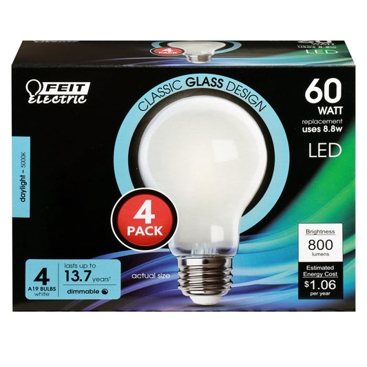 8.8W (60W Replacement) Daylight (5000K) A19 Dimmable Enhance Glass Filament General Purpose LED (4 - Pack) - Worldwide Electric Supplies