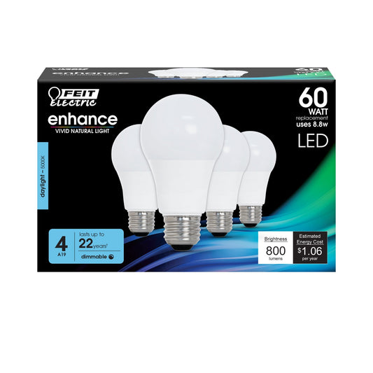 8.8W (60W Replacement) Daylight (5000K) A19 E26 Base Dimmable LED Bulb (4 - Pack) - Worldwide Electric Supplies