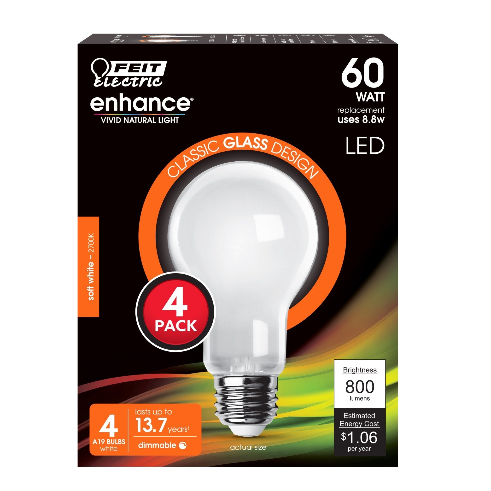 8.8W (60W Replacement) Soft White (2700K) A19 Enhance Dimmable Glass Filament General Purpose LED (4 - Pack) - Worldwide Electric Supplies