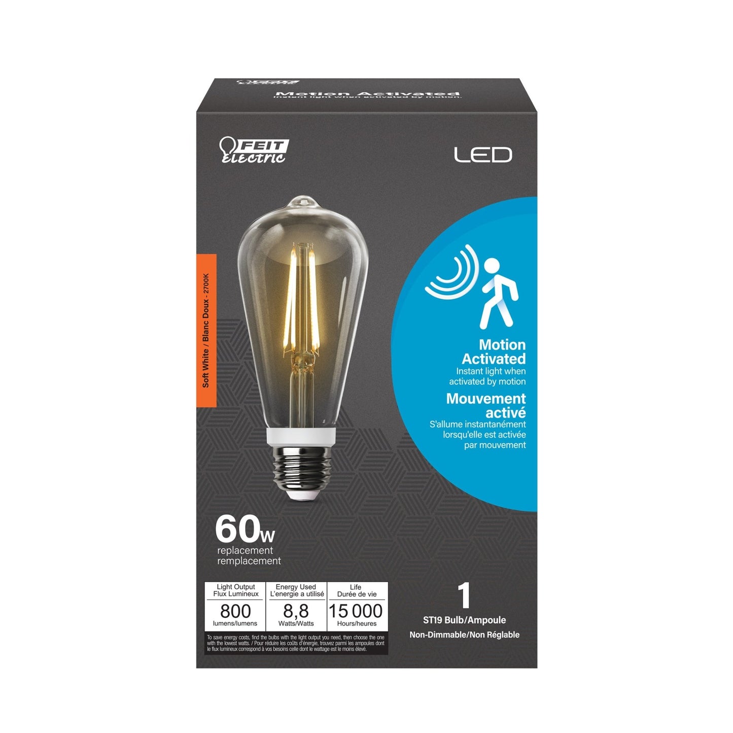 8.8W (60W Replacement) Soft White (2700K) E26 Base ST19 Motion Detection Filament LED - Worldwide Electric Supplies