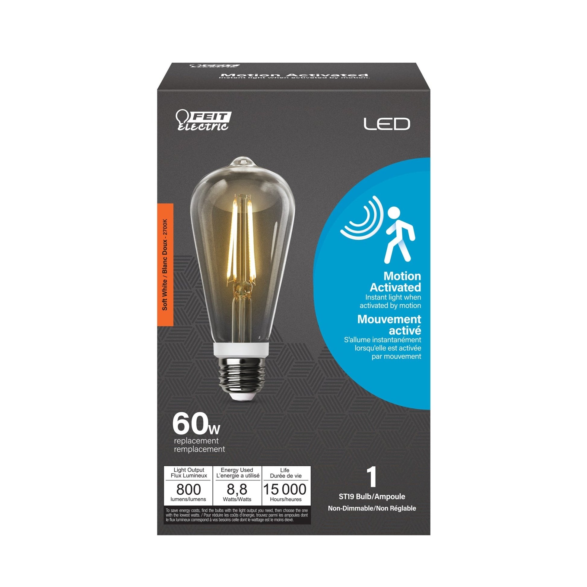 8.8W (60W Replacement) Soft White (2700K) E26 Base ST19 Motion Detection Filament LED - Worldwide Electric Supplies