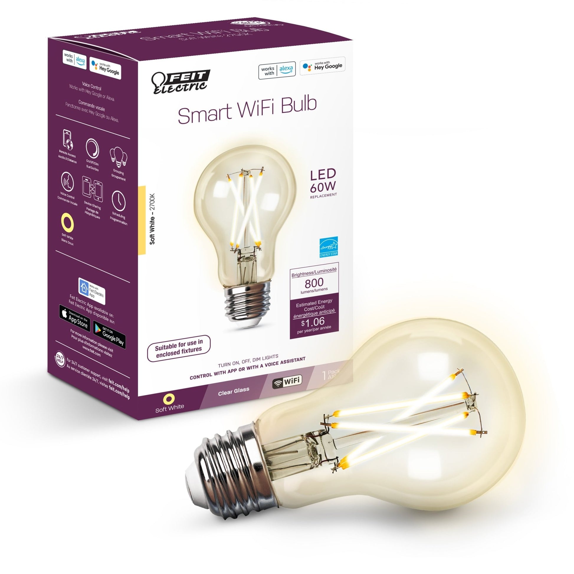 8.8W (60W Replacement) Soft White (2700K) E26 Base Vintage A19 Dimmable Filament Alexa Google Smart Bulb - Worldwide Electric Supplies