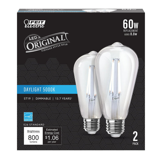 8.8W (60W Replacement) ST19 E26 Dimmable Straight Filament Clear Glass Vintage Edison LED Light Bulb, Daylight (2 - Pack) - Worldwide Electric Supplies