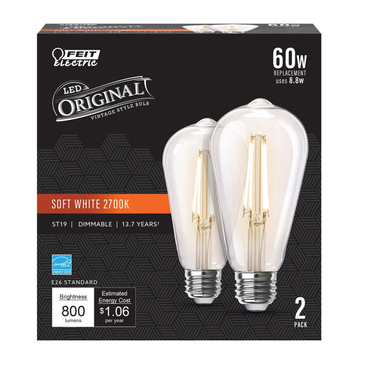 8.8W (60W Replacement) ST19 E26 Dimmable Straight Filament Clear Glass Vintage Edison LED Light Bulb, Soft White (2 - Pack) - Worldwide Electric Supplies