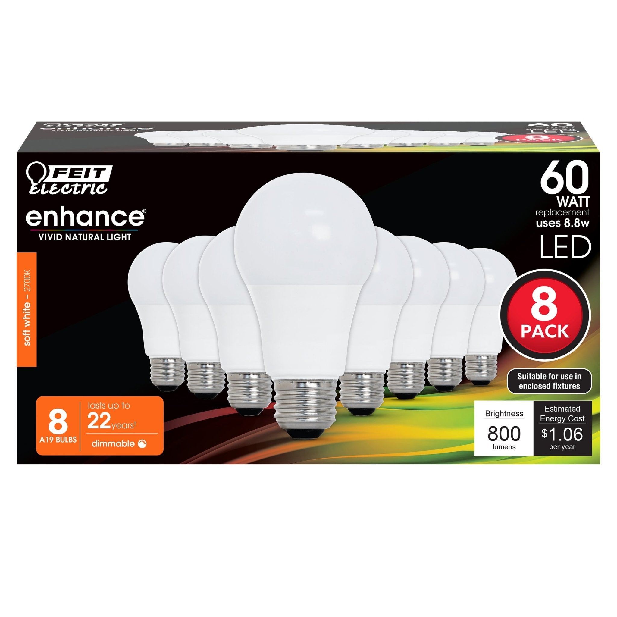8W (60W Replacement) Soft White (2700K) A19 (E26 Base) Dimmable LED Light Bulb (8 - Pack) - Worldwide Electric Supplies