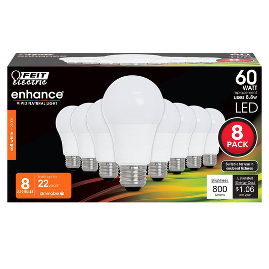 8W (60W Replacement) Soft White (2700K) A19 (E26 Base) Dimmable LED Light Bulb (8 - Pack) - Worldwide Electric Supplies
