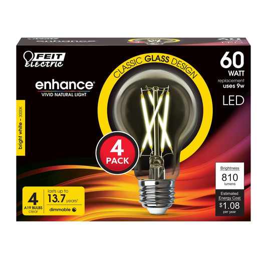 9W (60W Replacement) Bright White (3000K) A19 Shape (E26 Base) Filament Enhance LED Light Bulb (4 - Pack) - Worldwide Electric Supplies