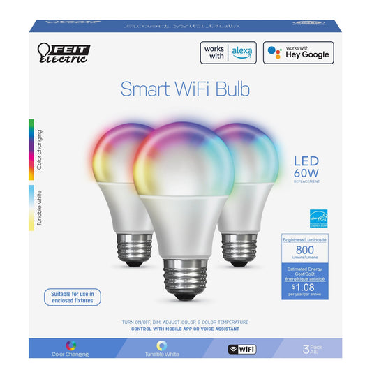 9W (60W Replacement) Color Changing A19 Dimmable Alexa Google Smart Wi - Fi Bulb (3 - Pack) - Worldwide Electric Supplies