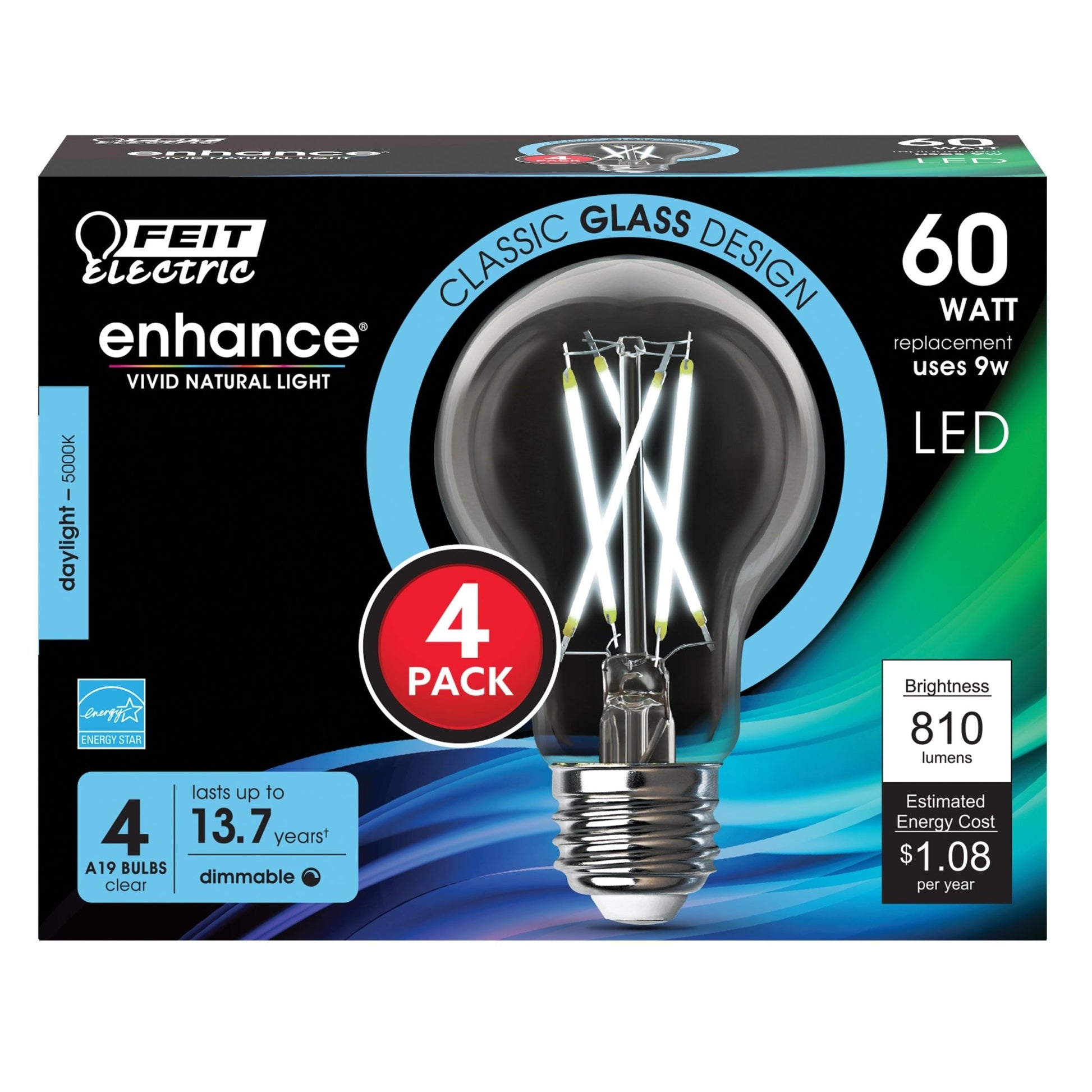 9W (60W Replacement) Daylight (5000K) A19 Shape (E26 Base) Filament LED Light Bulb (4 - Pack) - Worldwide Electric Supplies