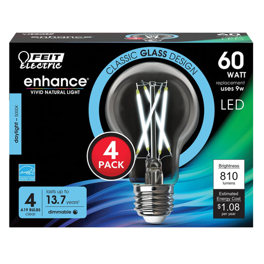 9W (60W Replacement) Daylight (5000K) A19 Shape (E26 Base) Filament LED Light Bulb (4 - Pack) - Worldwide Electric Supplies