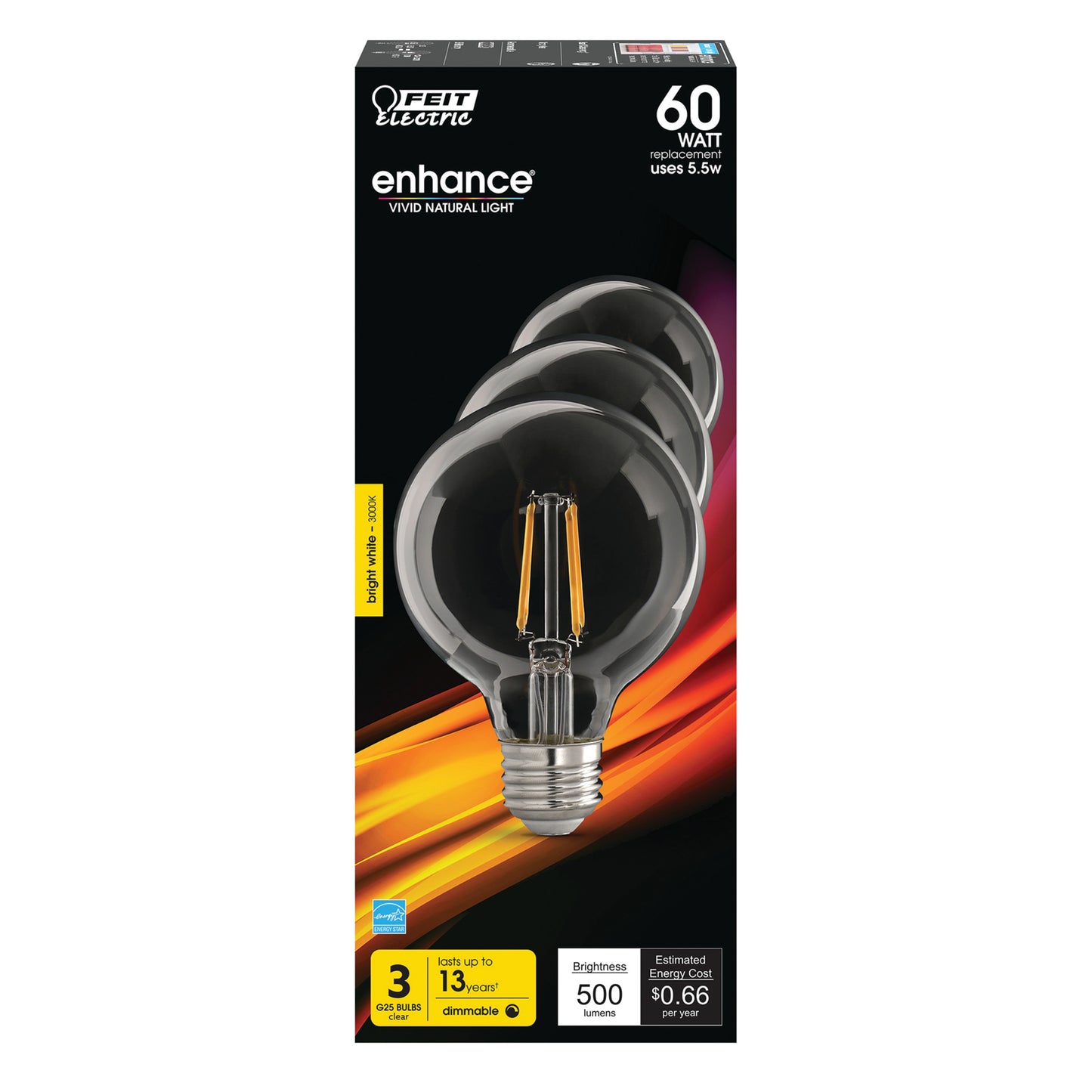 5.5W (60W Replacement) G25 Bright White Dimmable Enhance Glass Filament Globe LED (3-Pack)